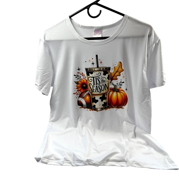 Halloween Tis the Season (Fall) Football Pumpkin White Crew Neck T-Shirt Large - Picture 5 of 9